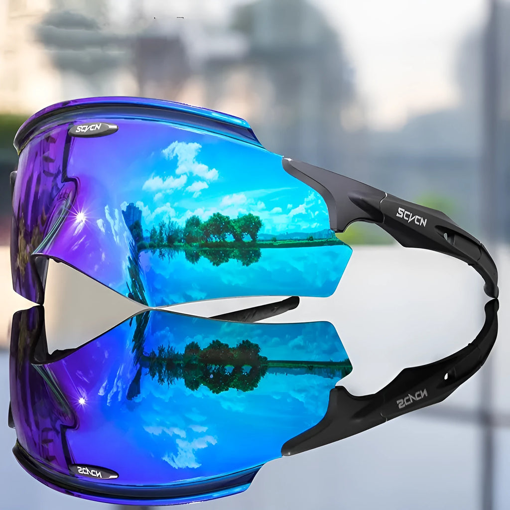 Frameless integrated lens sports goggles in a bold colour, shown from a front perspective.