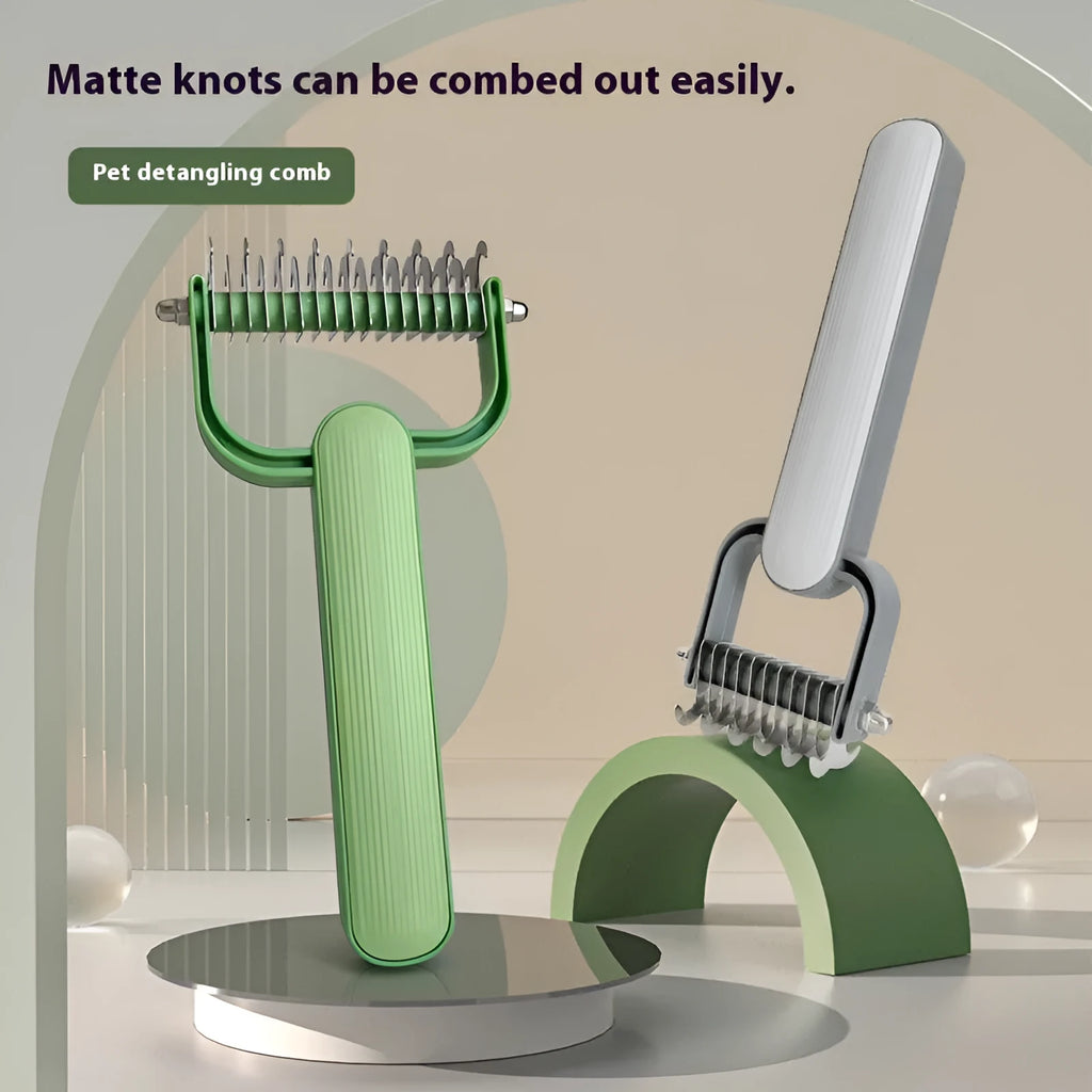 Green and grey dog detangling combs showing small and large size options with stainless steel pins on a PP handle.