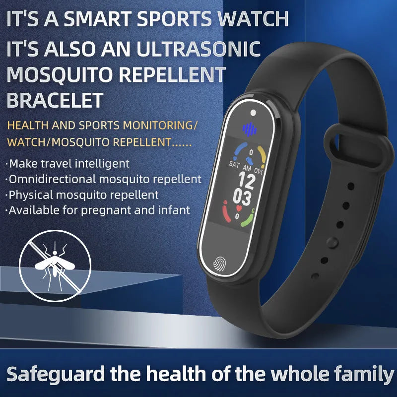 Black and white electronic ultrasonic mosquito repellent bracelet with USB charging port