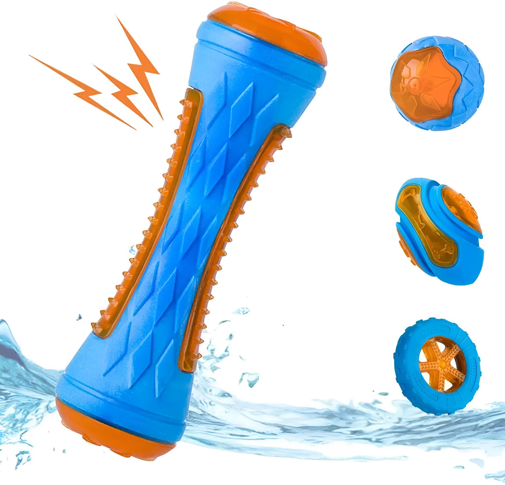 Set of four squeaky dog toys: a blue ball, a red barbell, and two orange tyres, shown on grass.