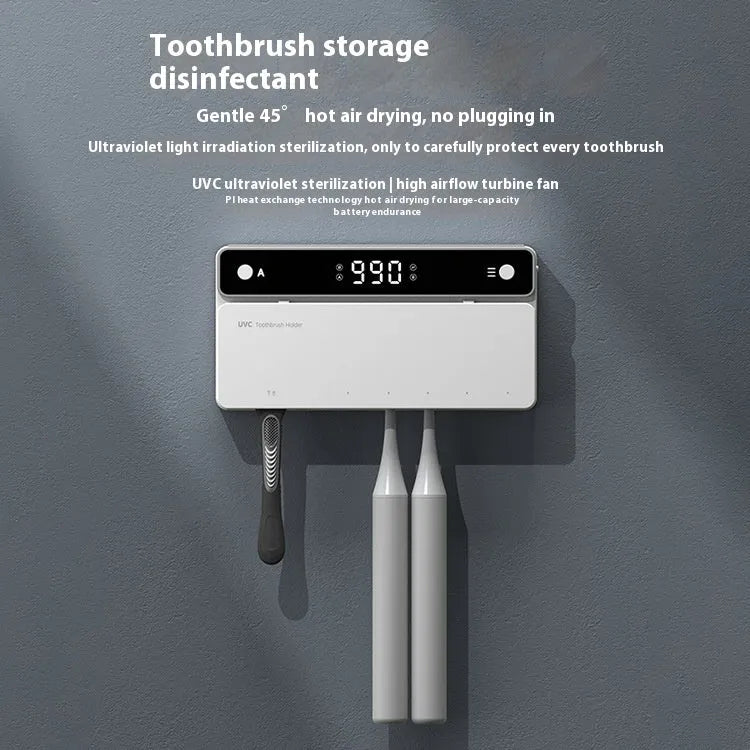 Black toothbrush sterilizer mounted on bathroom wall with UV disinfection and automatic drying
