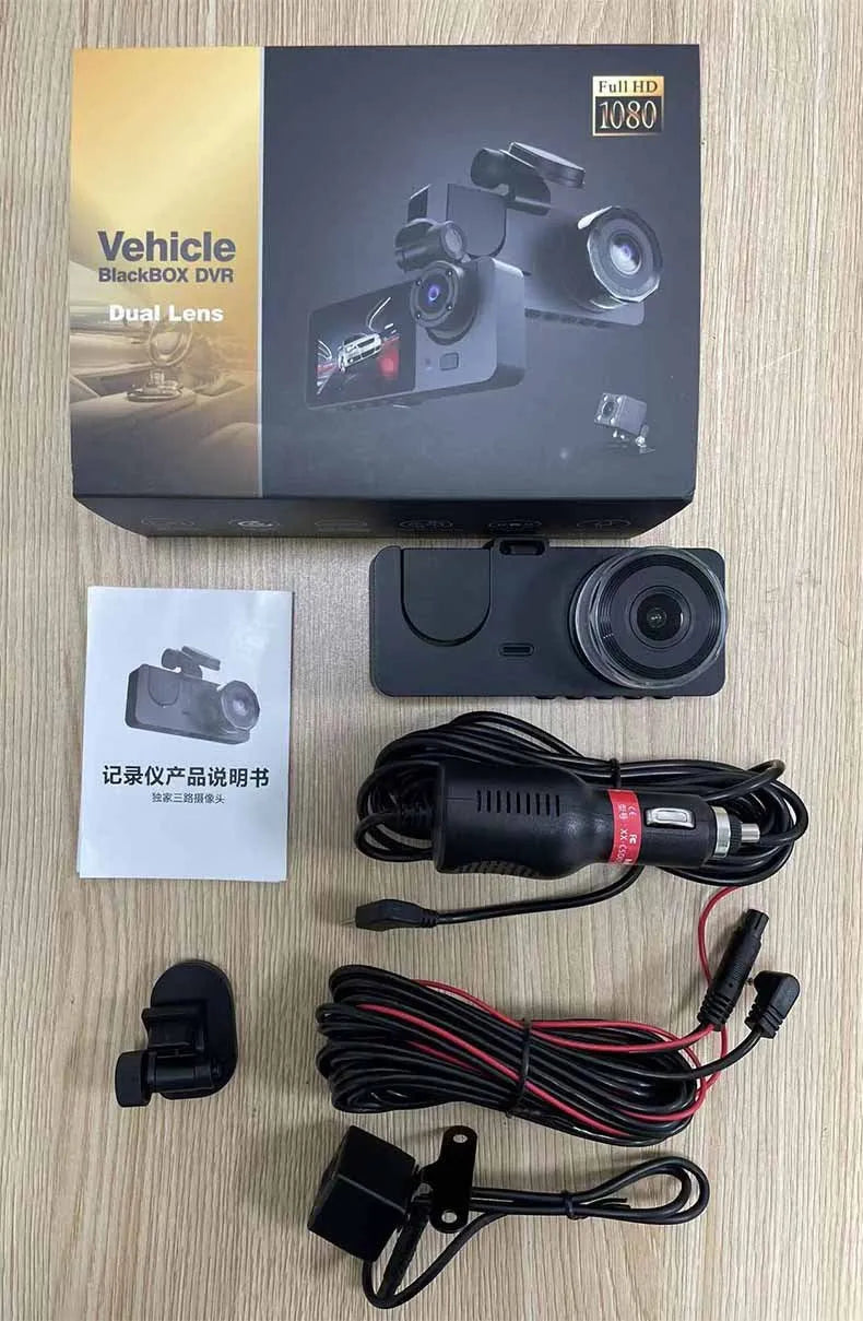 Black HD 1080P car dashcam with touch screen for front and rear recording