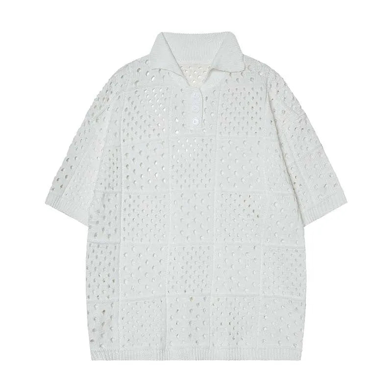 Black and white short-sleeved hollow knit polo shirt with a loose fit for teenagers