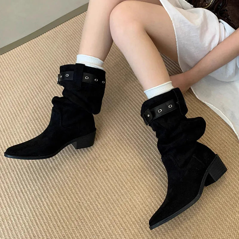 Western cowboy mid-calf boots with chunky heel and pointed toe in black, khaki, and brown