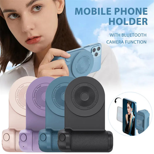 Black multifunctional phone camera holder with magnetic suction and rotatable stand on a table.