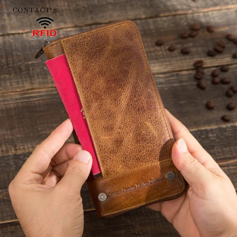 Brown genuine leather men's wallet with zipper closure showing anti-theft card-swipe function