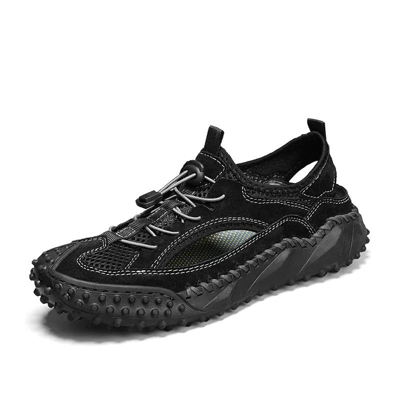 Men's black leather mesh waterproof sports sandals with a rubber sole and elastic band.