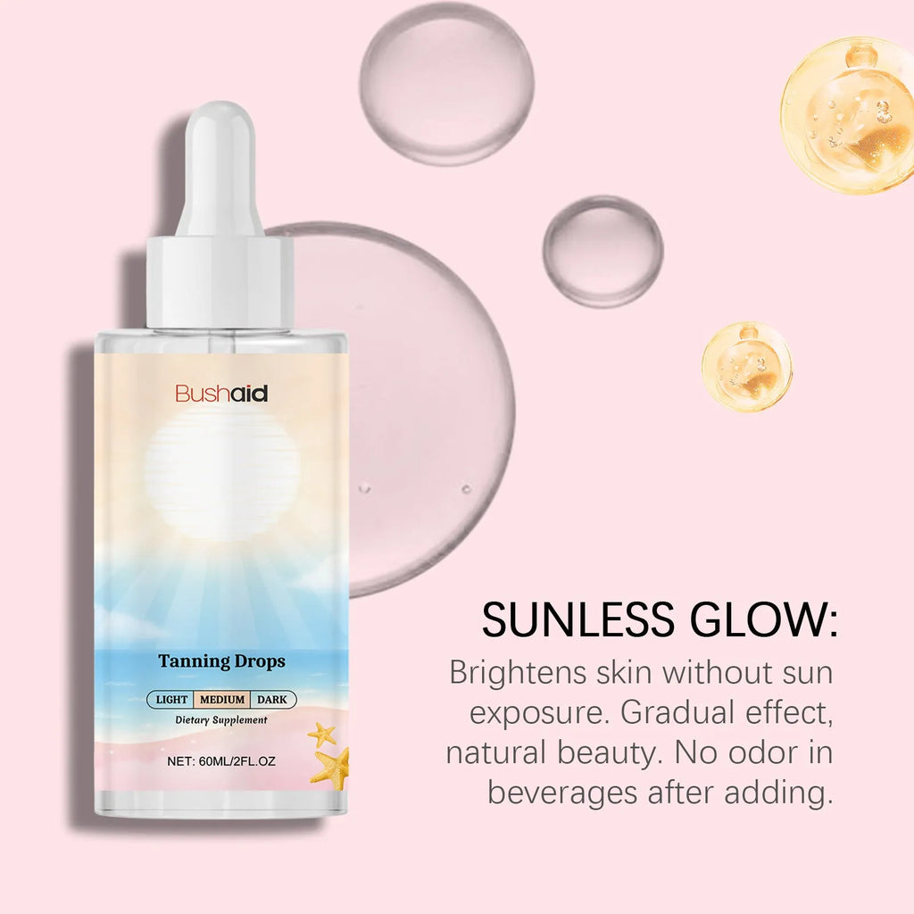 60ml tanning drops in white packaging with dropper for no-sunlight application