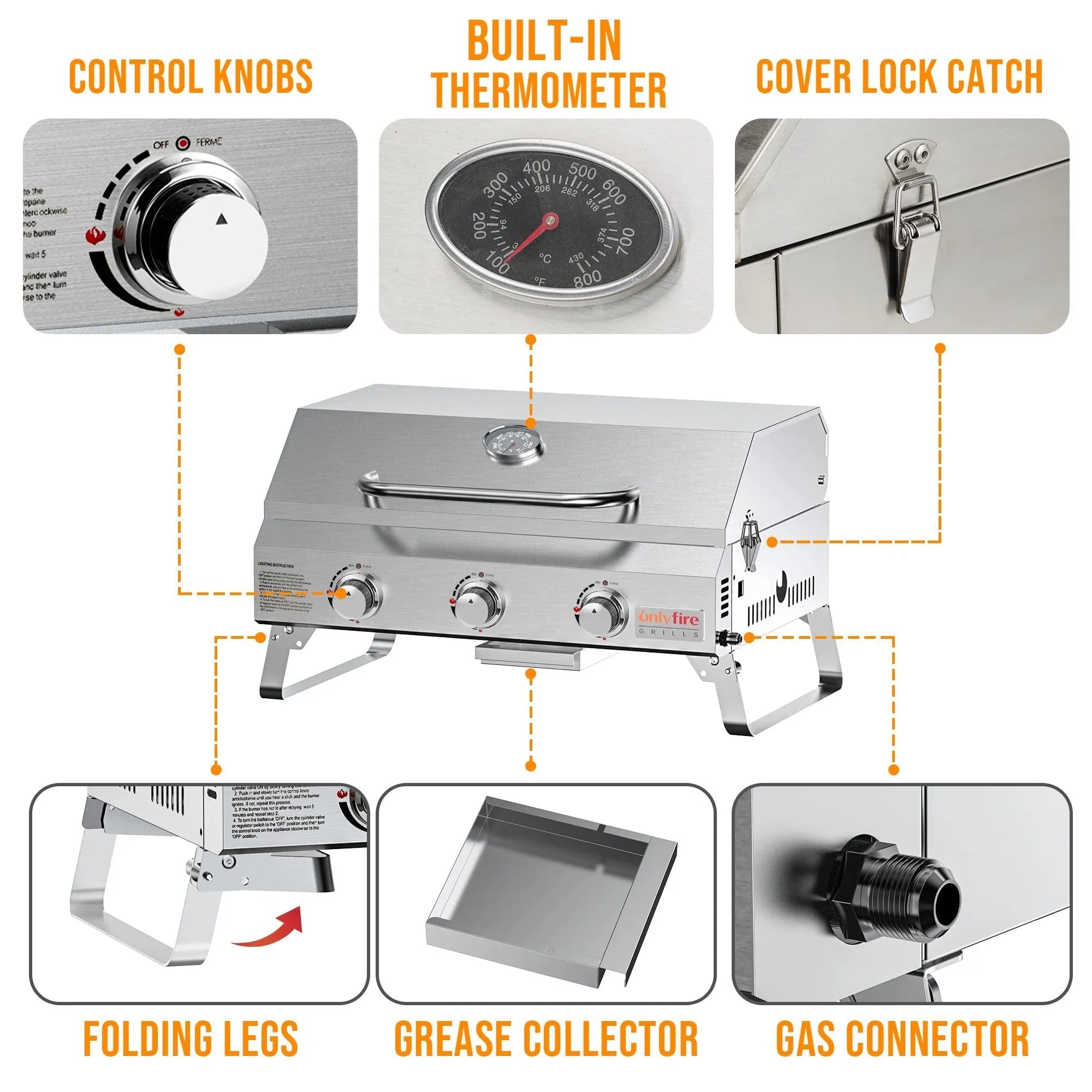 Silver desktop gas barbecue grill with three burners and foldable legs.