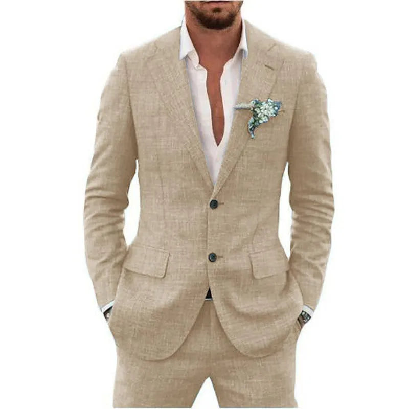 Men's slim fit suit jacket and trousers in hemp blend linen fabric for wedding and business wear