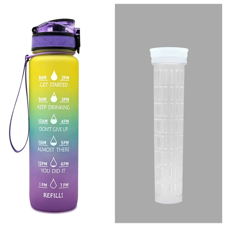 Blue and red gradient 1-litre Tritan sports water bottle with time markers, flip-top lid, and wrist strap.