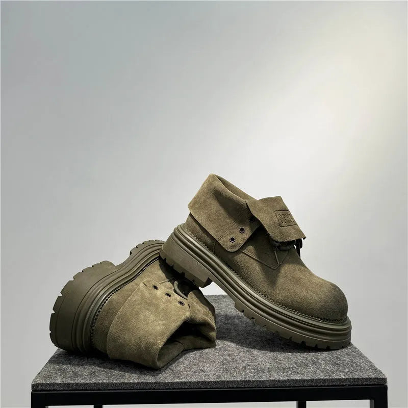 Retro distressed suede work boots with thick soles and sewing line detailing in camel colour