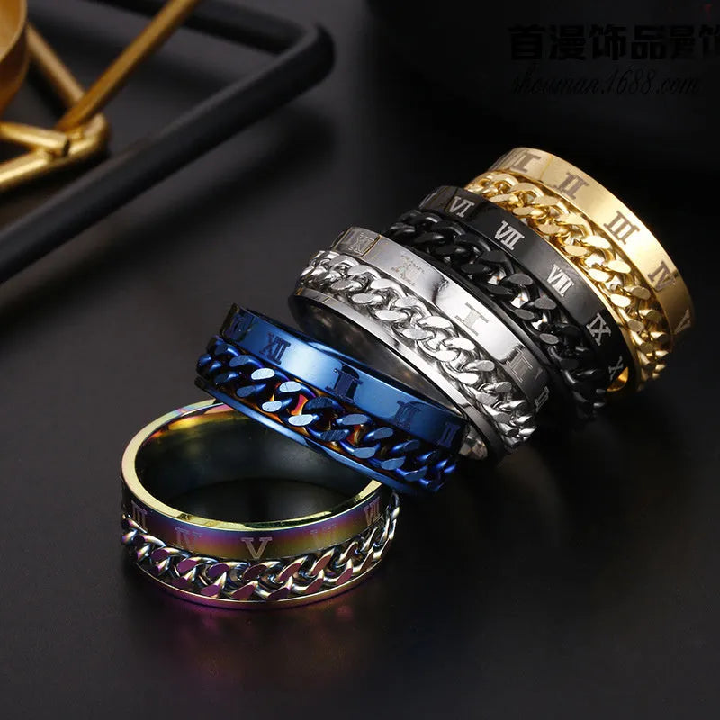 Men's titanium steel rotating letter chain bottle opener ring in silver finish on a surface