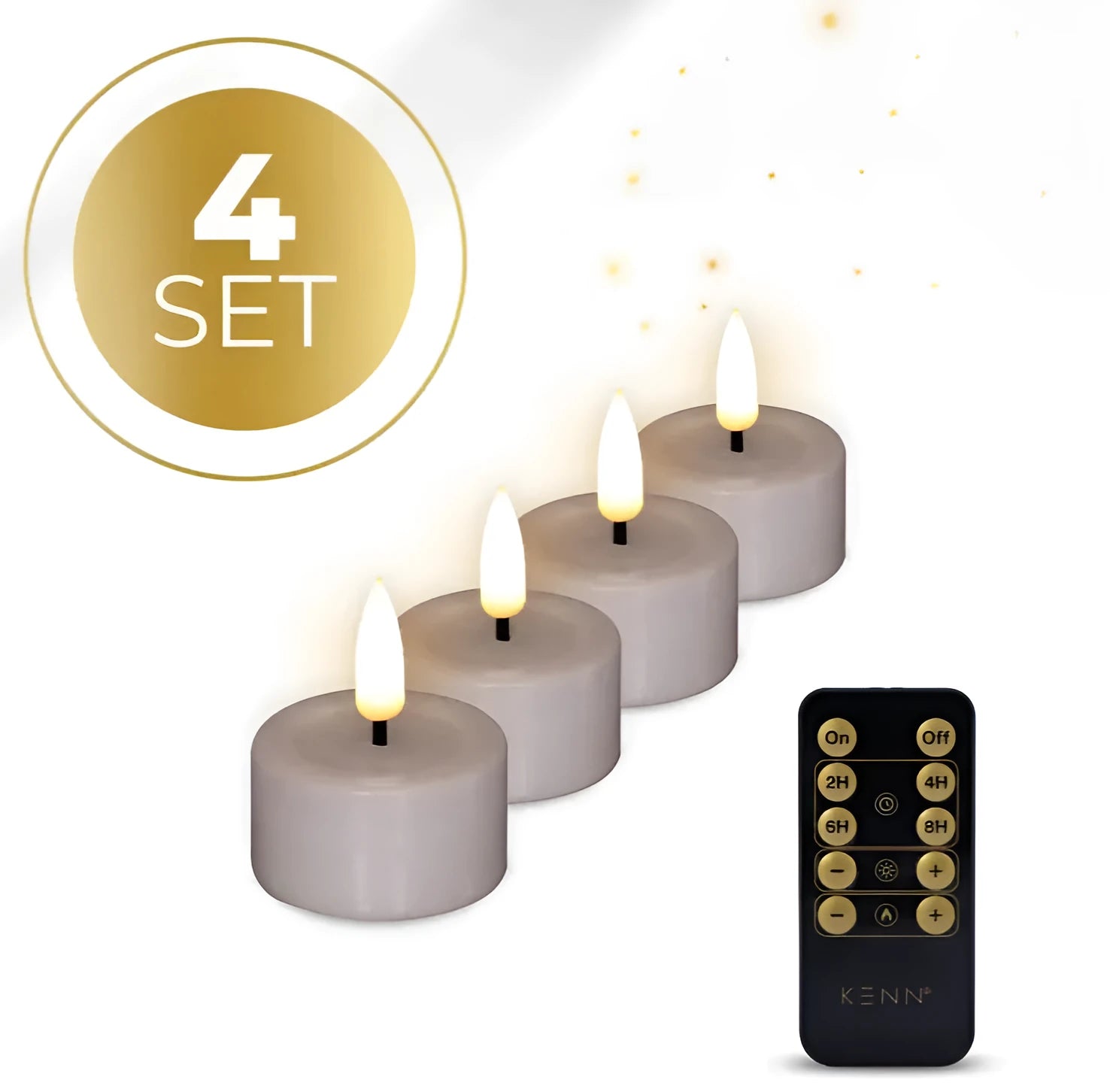 Four taupe-coloured S4 LED flameless tealight candles showing flickering light effect.