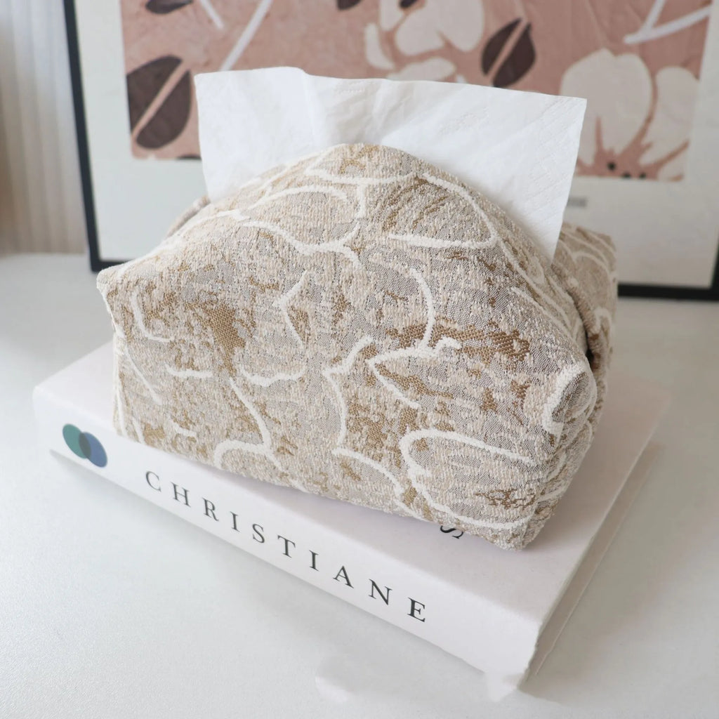 Chinese style floral pattern cotton tissue box cover in beige, blue, and brown colours.