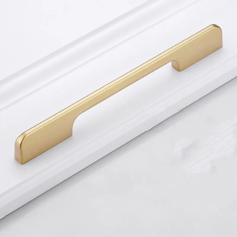 Gold-coloured aluminium alloy single hole cabinet handle with a modern T-shape design.