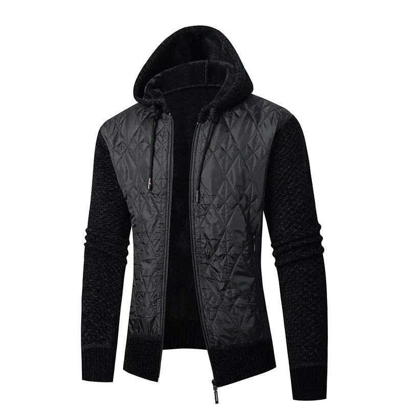 Men's grey hooded corduroy sweater coat with a cinched waist on a hanger.