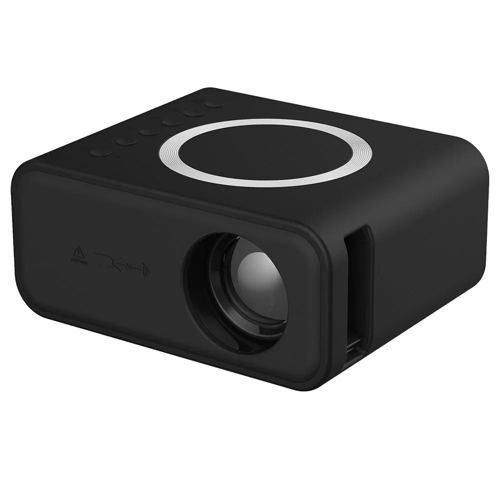 Black or white YT300 portable mini HD projector with remote control on a table.