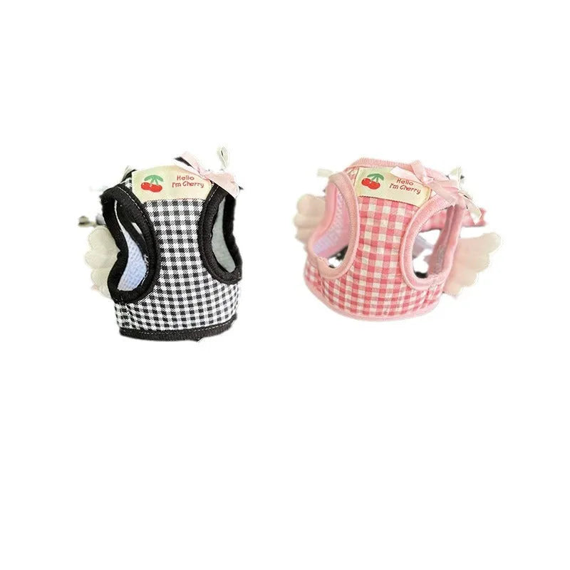 Pink and black cotton chest-back hand holding rope harness for small dogs.