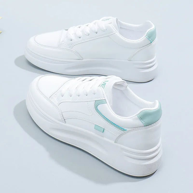 Women's casual sports board shoes artificial leather round toe lace-up solid colour white and green