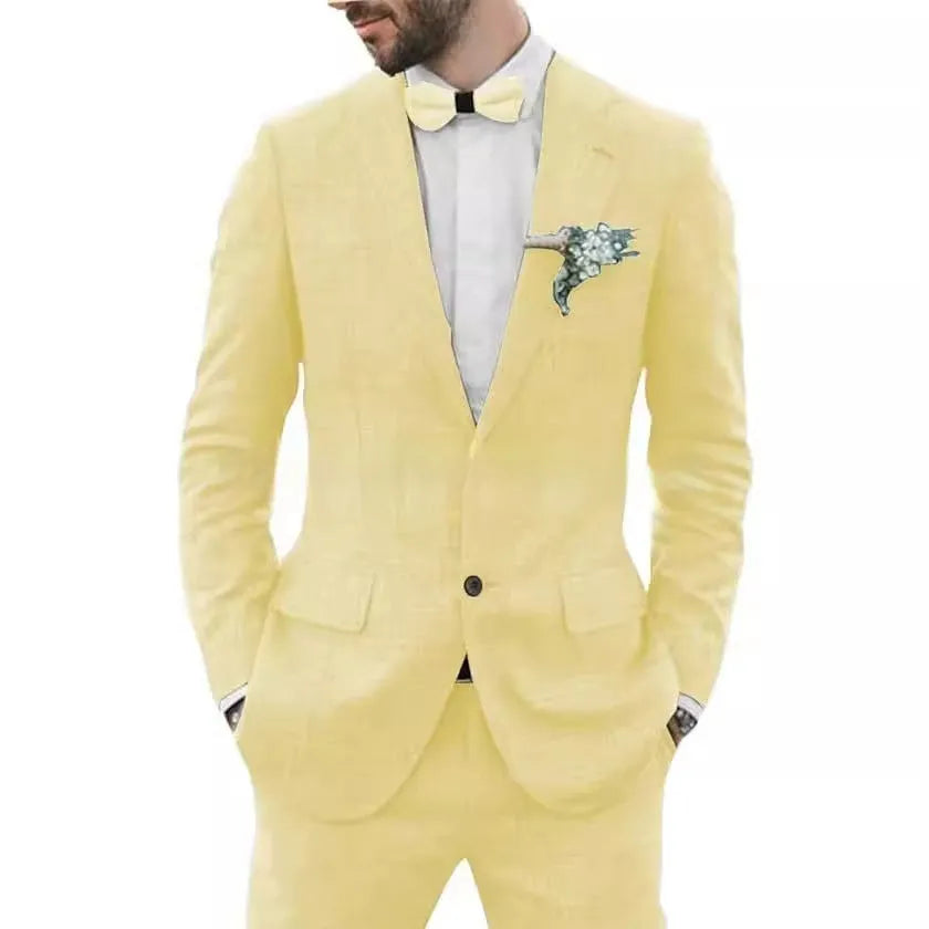 Men's slim fit suit jacket and trousers in hemp blend linen fabric for wedding and business wear