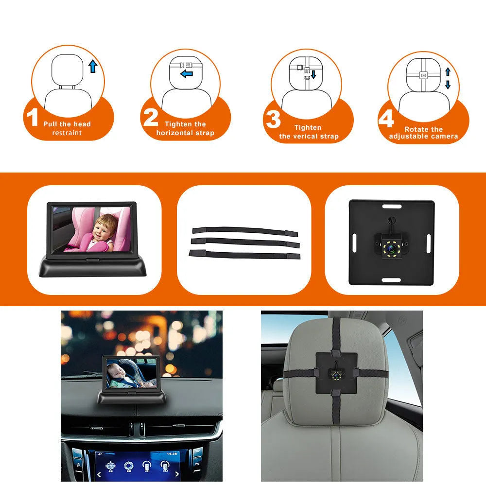 4.3-inch folding car baby monitoring screen with rear view camera and cigarette lighter power cord