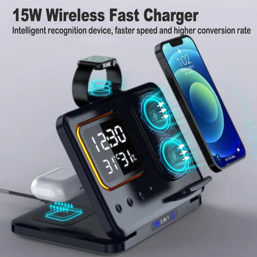 Black 15W wireless charging dock station with digital clock display charging a phone and watch