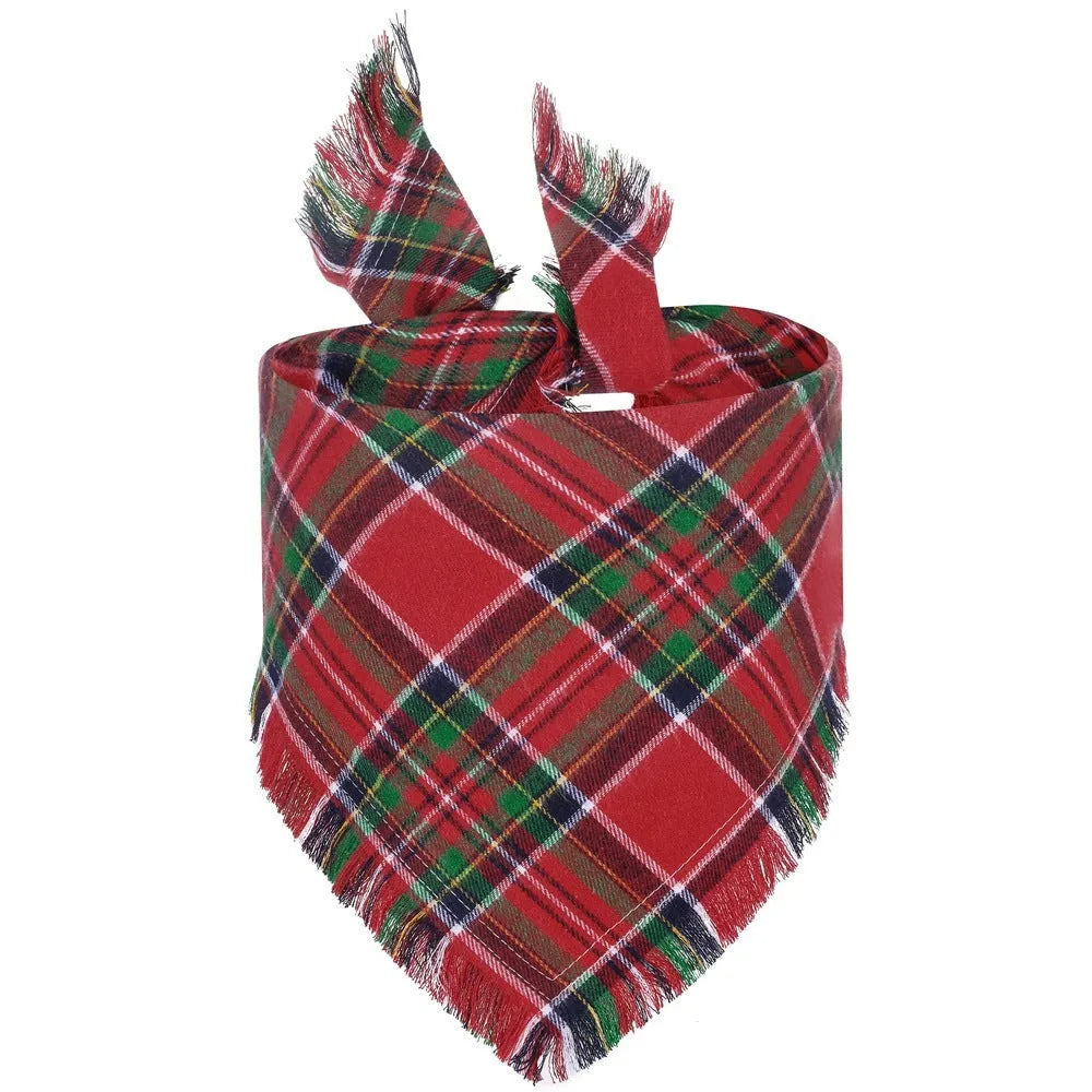 Plaid triangle dog bandana with tassels in autumn colours like orange and brown