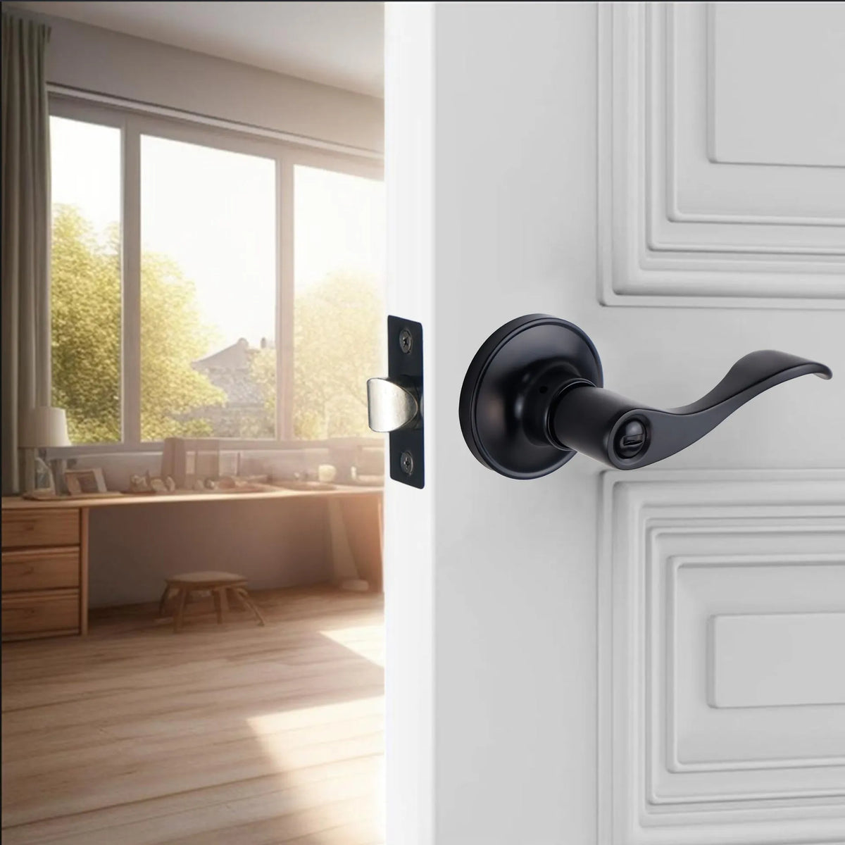 Stainless steel door handle lock with black finish, modern simplicity style for interior bedroom and bathroom doors