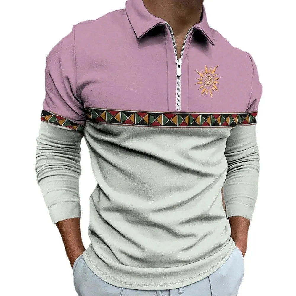 Men's retro colour print long sleeve golf t-shirt with loose fit and zipper decorations