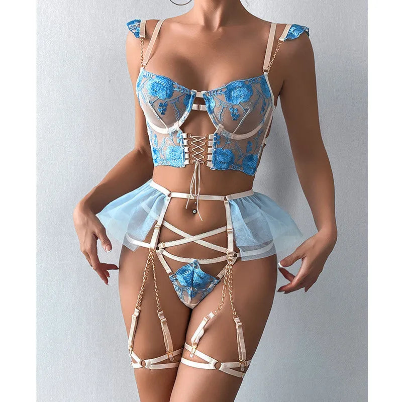 Light blue lace women's bra and knicker set with transparent mesh panels
