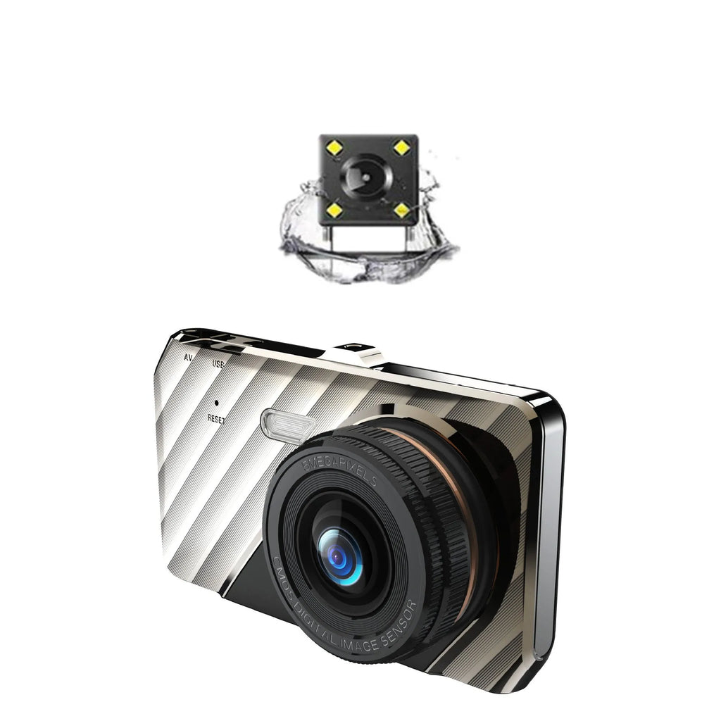 4 inch front and rear dual lens dashboard camera with touch screen display mounted in car