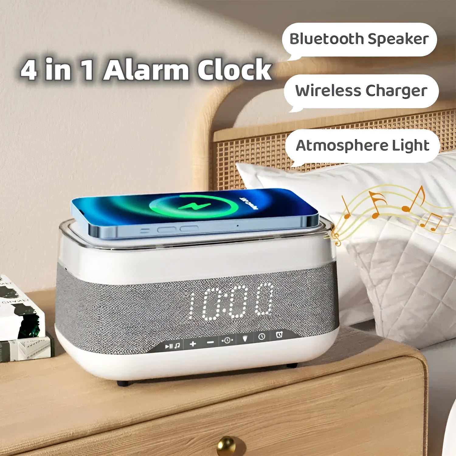 White multifunctional alarm clock with Bluetooth speaker, wireless charging pad, and night light.