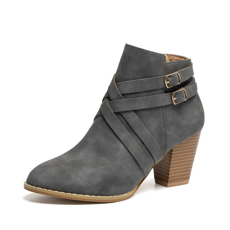 Women's black PU leather ankle boots with 7cm heel and side zipper closure