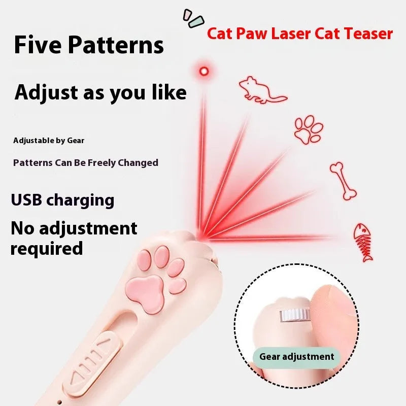 Cream white plastic cat teaser wand with laser light and attached fabric catnip pouch on a table.