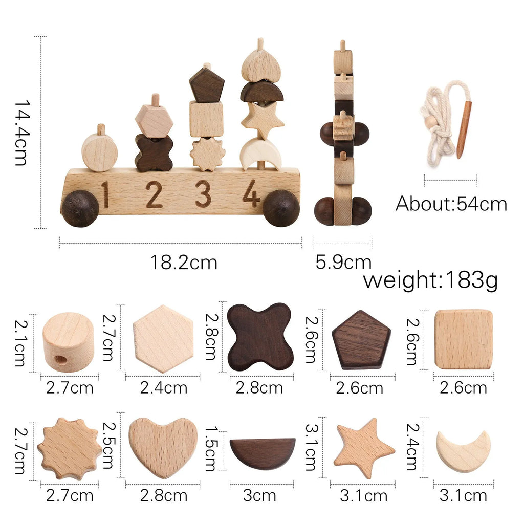 Wooden early learning toys set: car cognitive toy and star moon threading toy on table