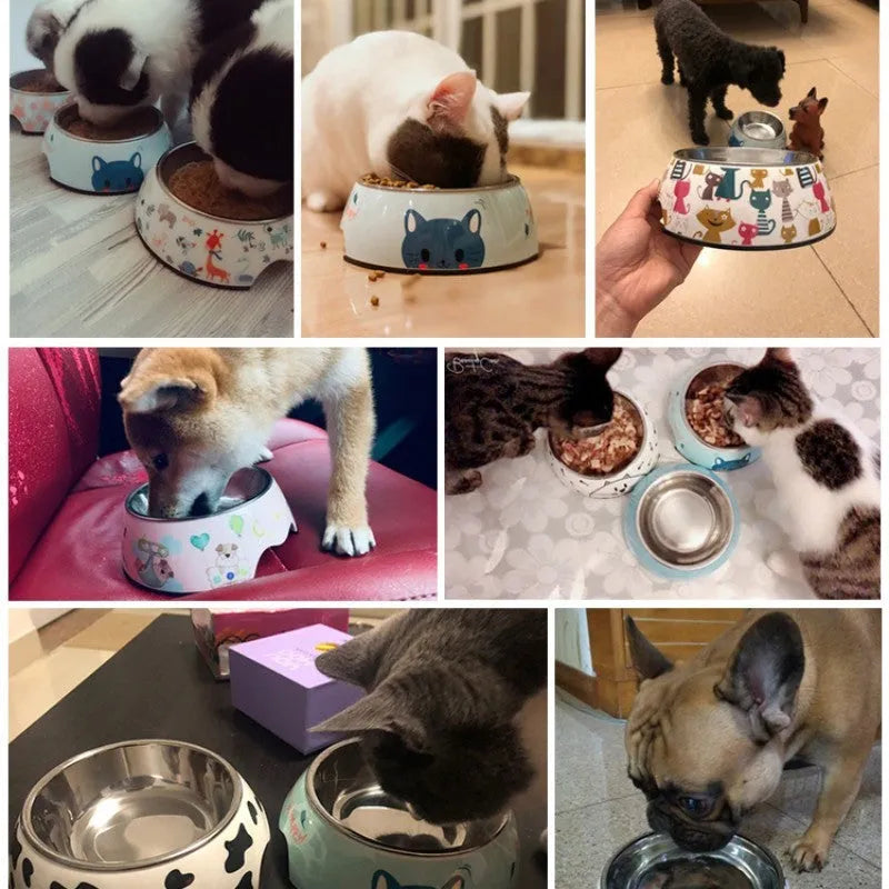 Stainless steel dog and cat bowl in four sizes with 17 colour patterns including cow print and blue cat