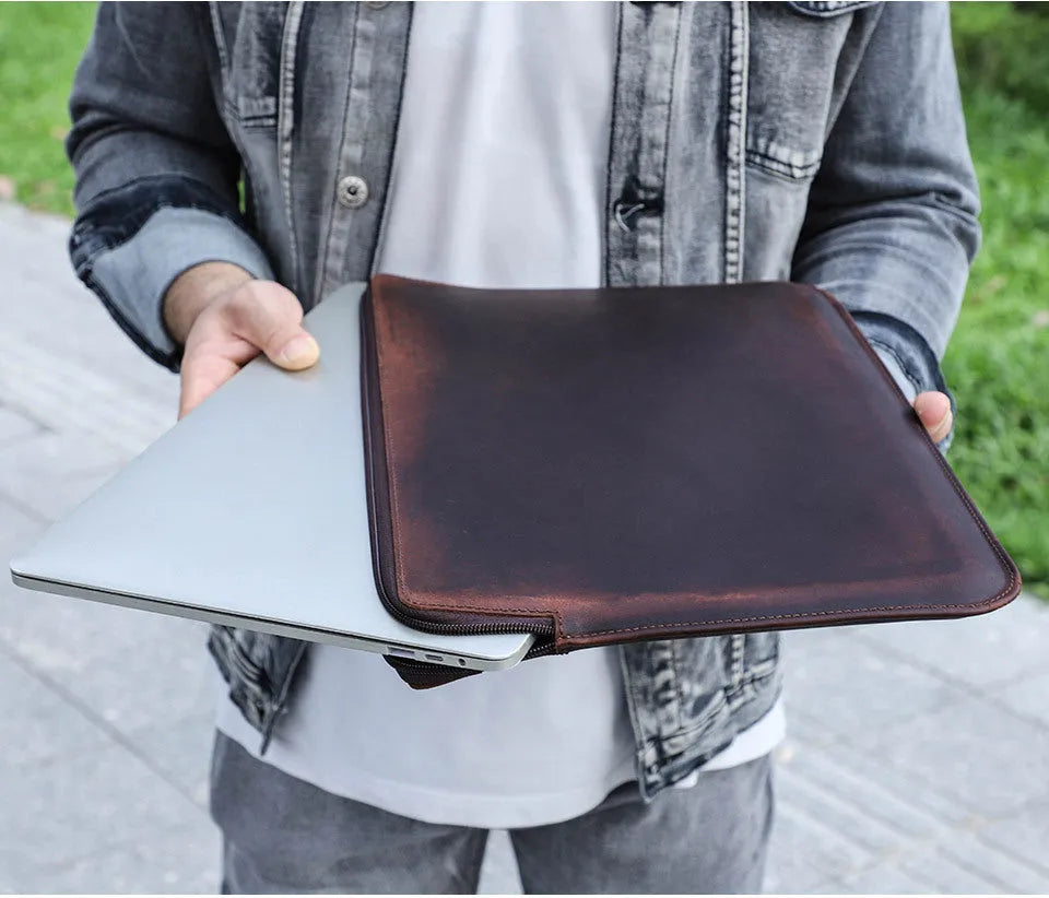 Retro crazy horse leather zipper computer bag for MacBook Pro 15.4/16 in coffee brown