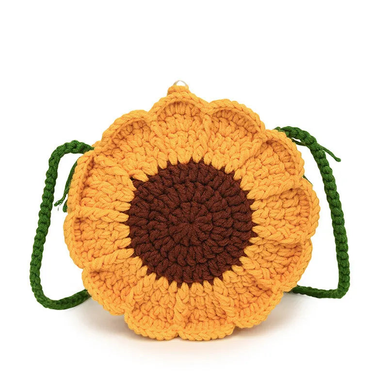 Hand-woven crochet shoulder bag with wool flowers and round suitcase shape
