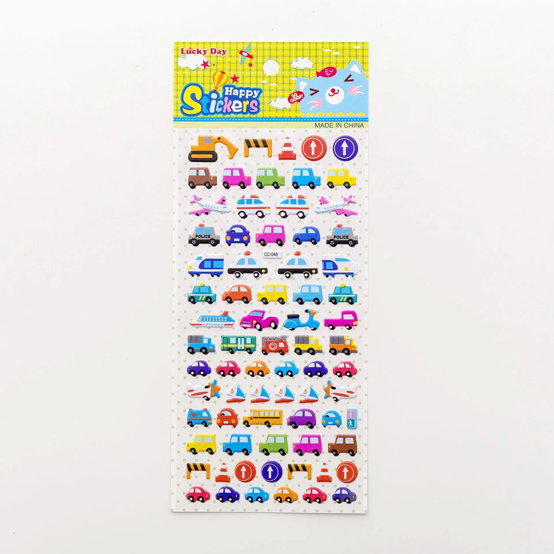 Sheet of cartoon-themed three-dimensional bubble stickers with raised surfaces on various designs like an alpaca, dinosaur, and bow tie cat.