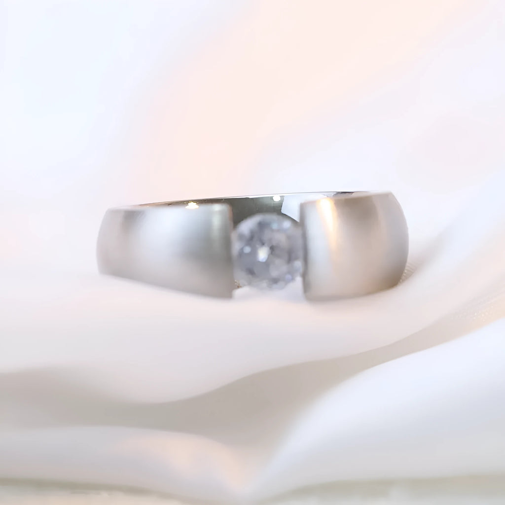 Minimalist gold diamond ring on plain background, titanium steel, geometric shape US sizes 6-10
