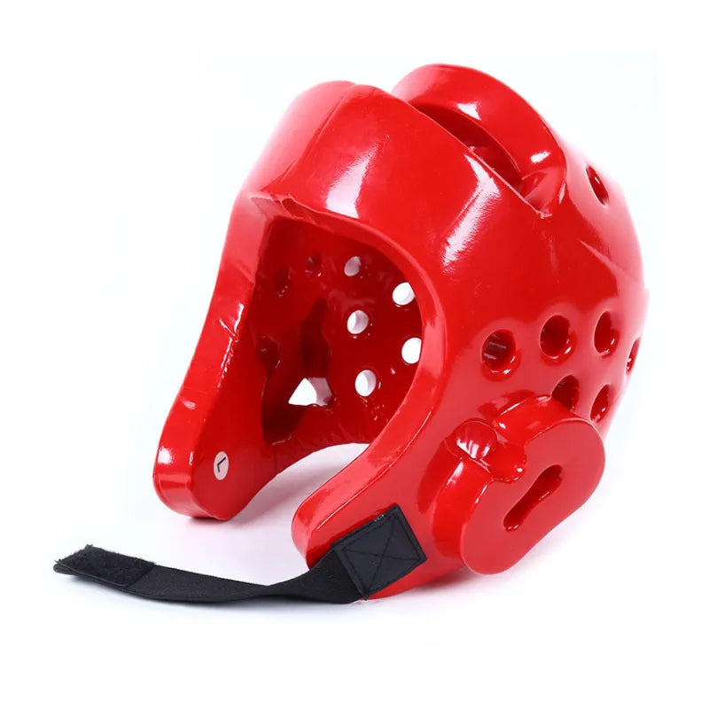 Karate taekwondo protective gear set including leg guard, helmet and boxing gloves in red PU material
