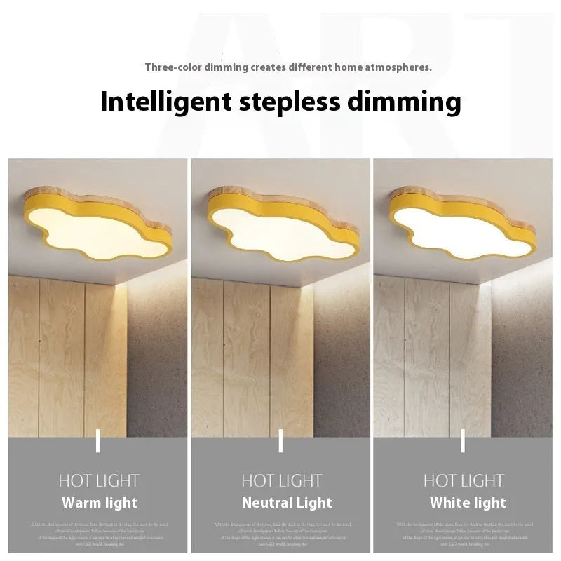Modern wooden cloud-shaped LED ceiling lamp mounted on a white ceiling.
