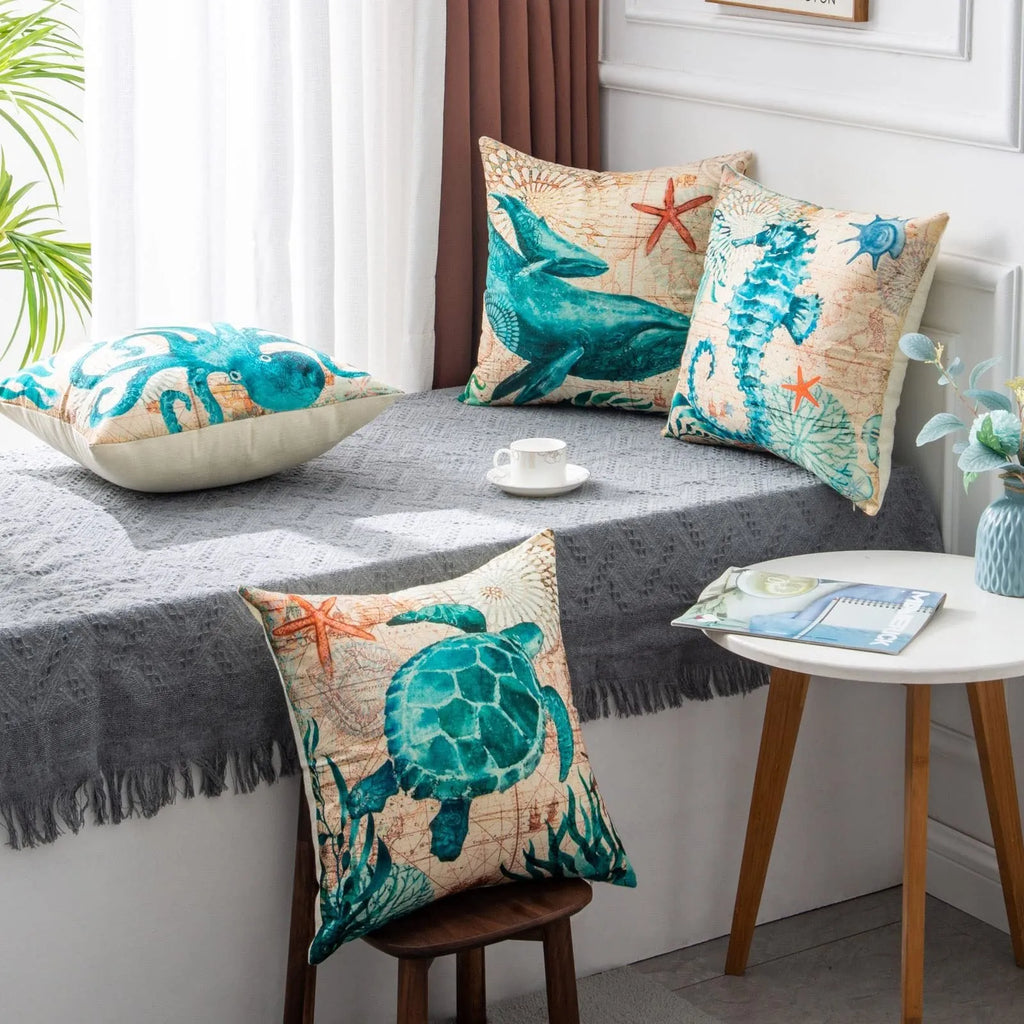 Linen cushion cover with sea turtle pattern measuring 45x45cm with invisible zipper