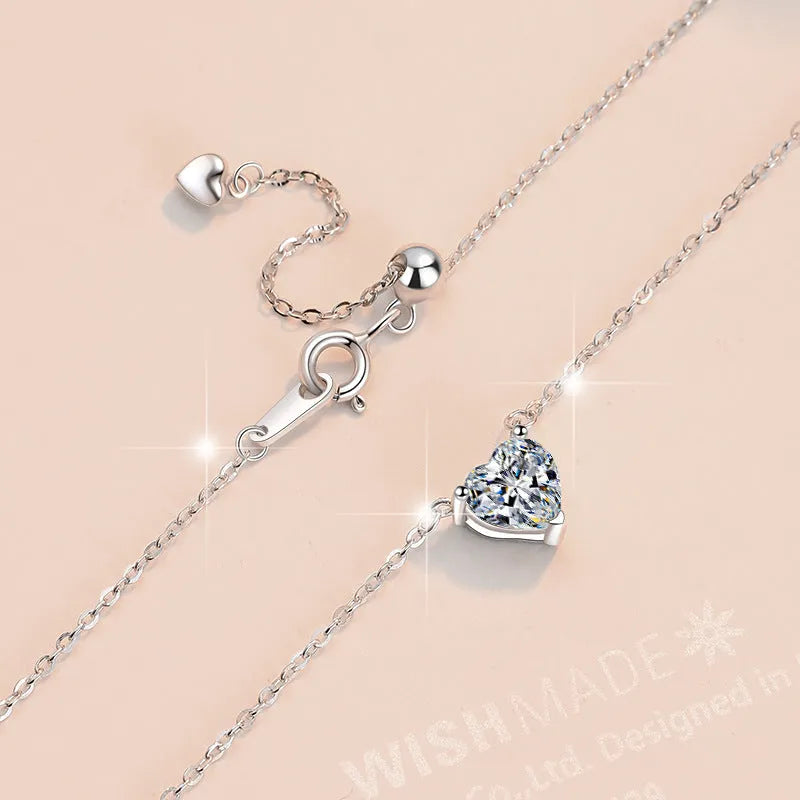 925 silver heart shaped pendant necklace with D colour moissanite stone and adjustable cross chain