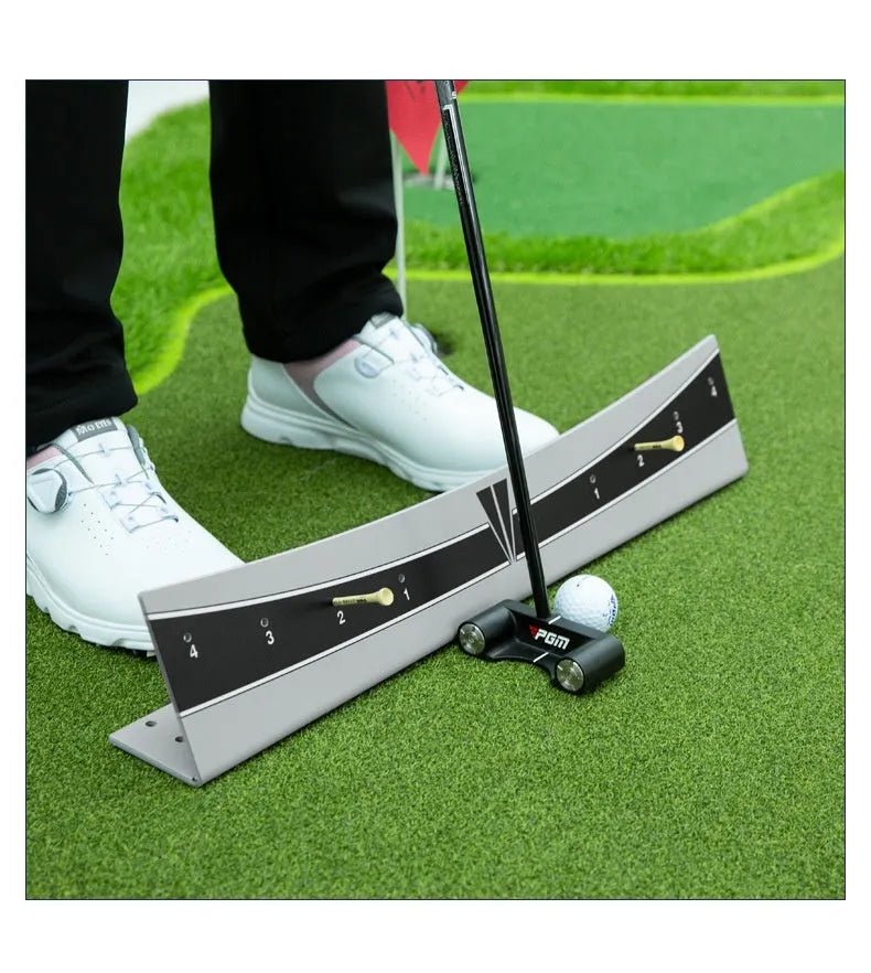 Golf putter trajectory balance simulator with adjustable push rod on a putting mat