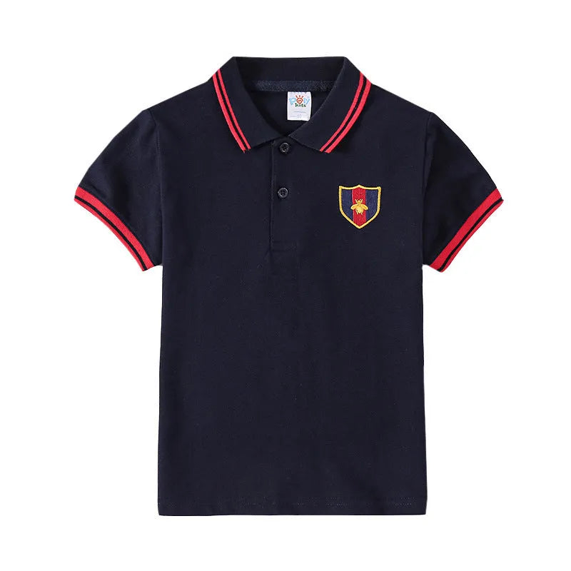 Boys' short sleeve lapel collar t-shirt in cotton fabric available in four colours