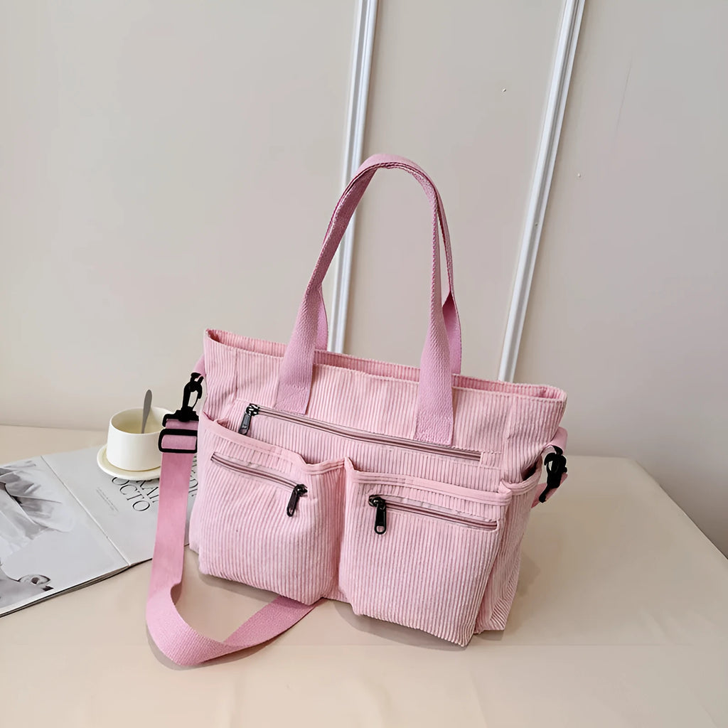 Large capacity corduroy shoulder bag in horizontal square shape with open pocket, 37x14x25cm, available in six colours