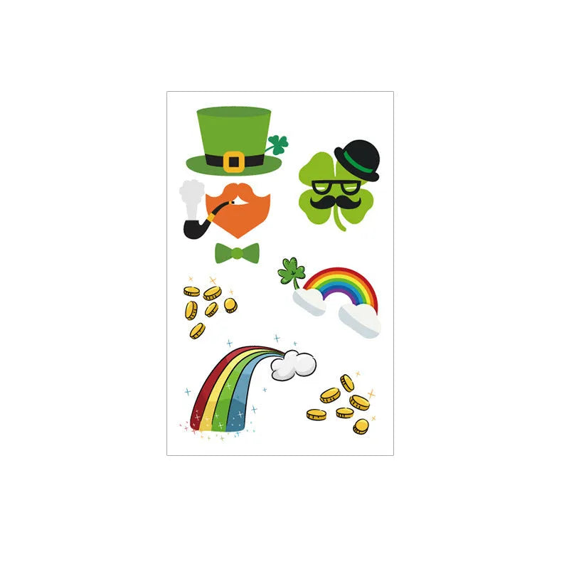 Sheet of children's temporary shamrock flag tattoo stickers for St. Patrick's Day, using water transfer printing.
