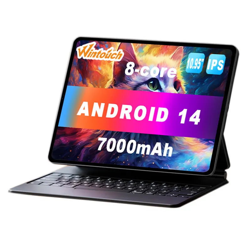 10 inch bare metal blue business tablet pc with screen, shown alongside included charger and accessories.